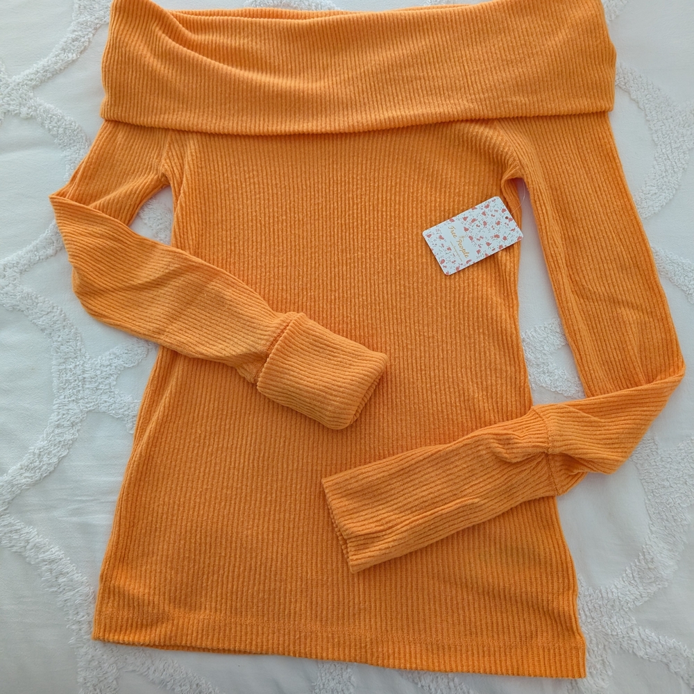 Free People Orange Off-the-Shoulder Sweater Ribbed Knit
